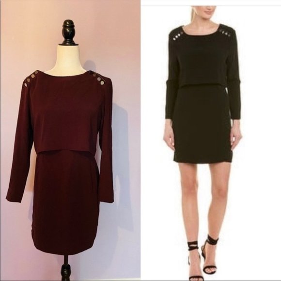 The Kooples Dresses & Skirts - The Kooples Maroon Burgundy gold studded shoulder long sleeve mini dress 38